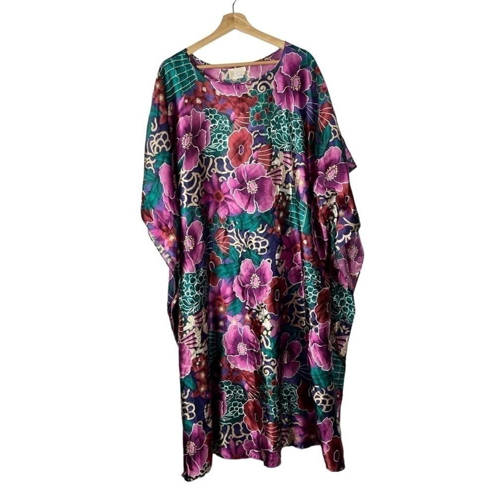 Vintage California Dynasty Purple & Teal Floral Satin‎ Midi Kaftan L